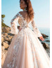 Ivory Lace Peach Tulle Wedding Dress With Horsehair Trim